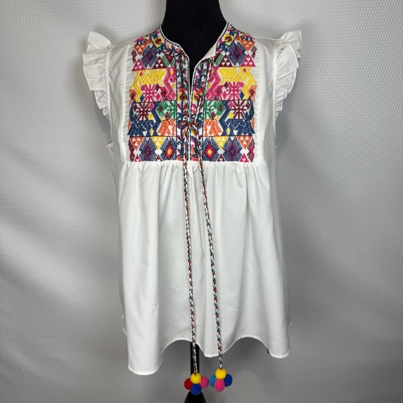 NWT Floerns Embroidered White Babydoll Style Sleeveless Top Colorful Accents - Picture 4 of 11